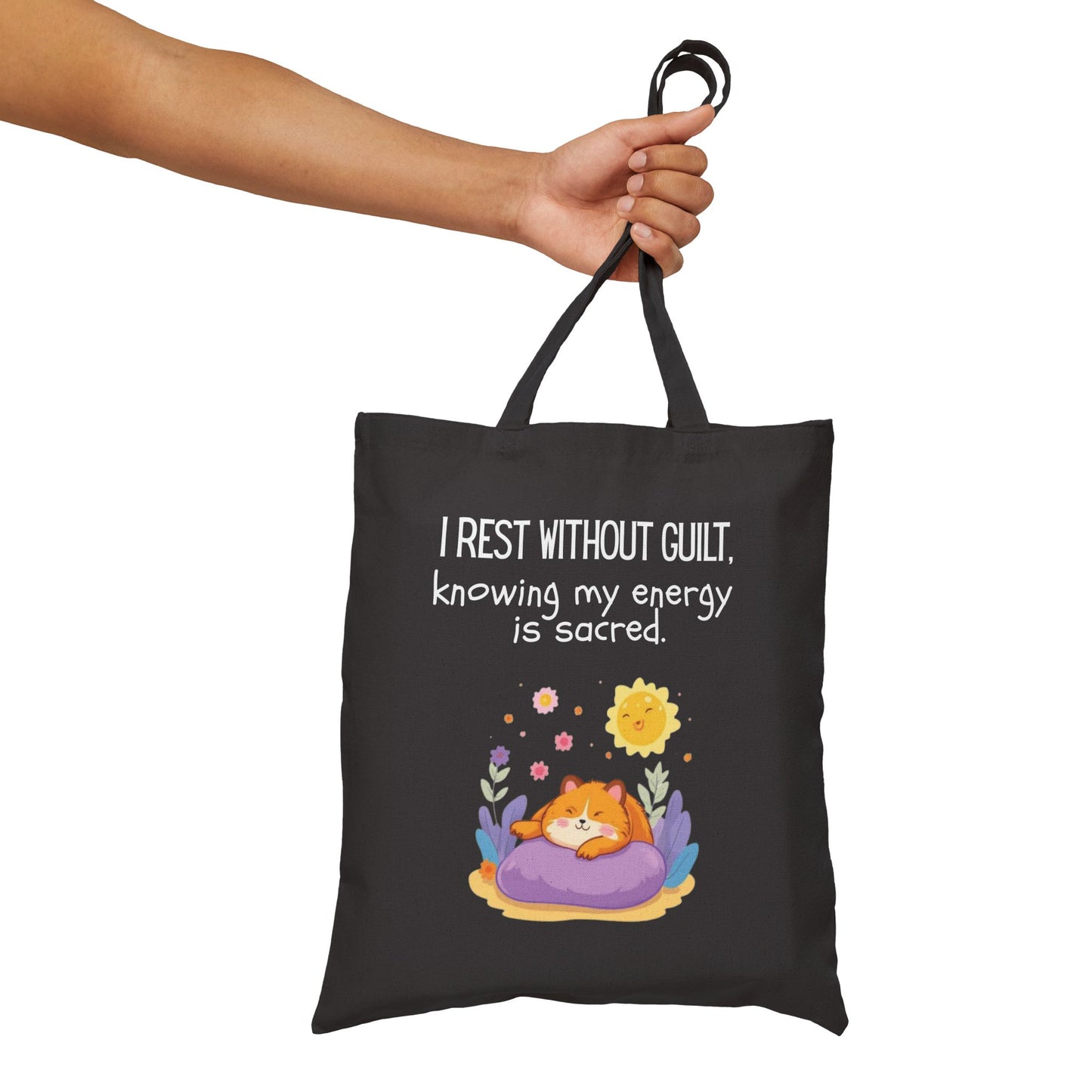 I Rest Without Guilt Black Tote Bag for Sacred Energy and Self Care
