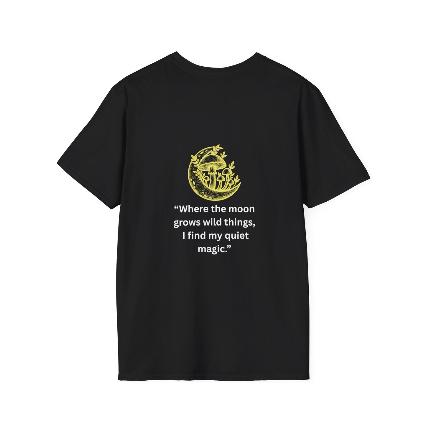 "Where the Moon Grows Wild Things" — Unisex Softstyle Tee (Yellow-White Print)
