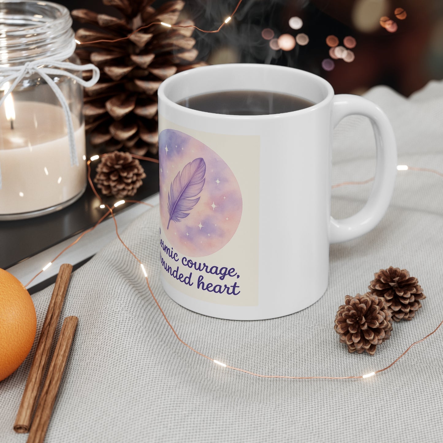 Cosmic Courage Feather Mug — 'Cosmic courage, grounded heart' Ceramic Coffee Cup
