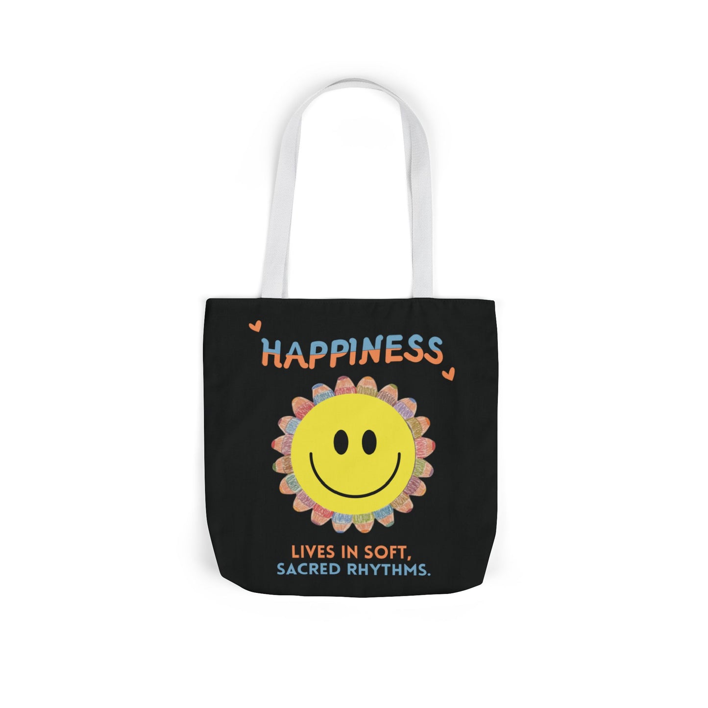 Happiness Smiley Flower Canvas Tote Bag Inspirational Slow Living Quote Bag