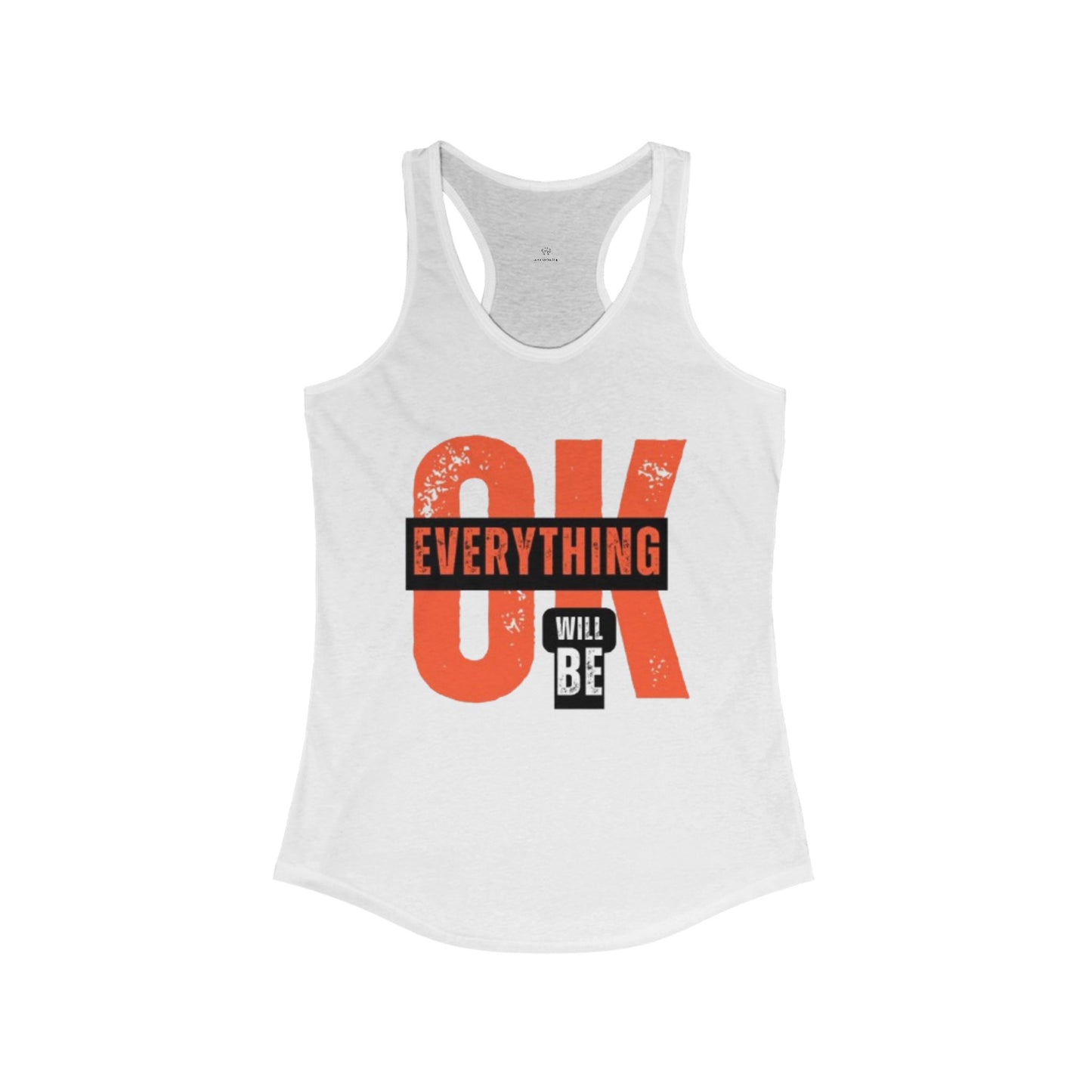 White tank top with red and black text on a white background