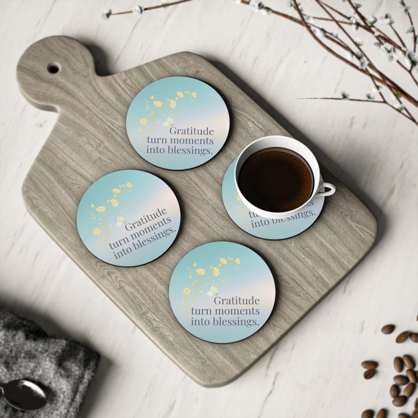 Gratitude Affirmation Coaster Set of 4 – Inspirational Corkwood Drink Coasters for Mindful Living & Home Decor