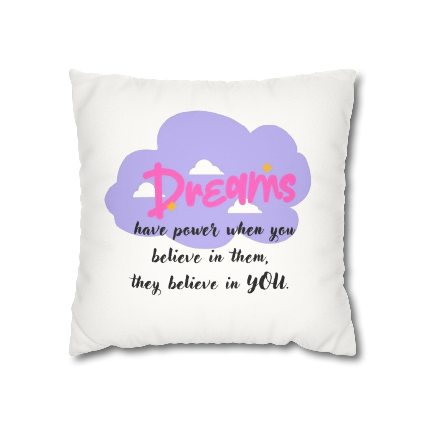 White pillow with motivational quote and cloud design on a white background