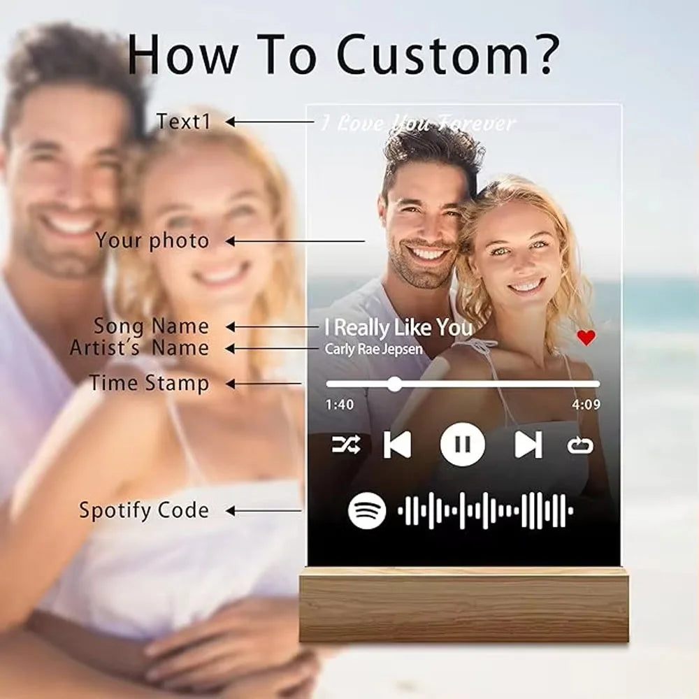 Personalized Spotify Acrylic Music Plaque Lamp with Custom Photo & Song Code – Romantic Anniversary, Birthday, and Valentine’s Gift