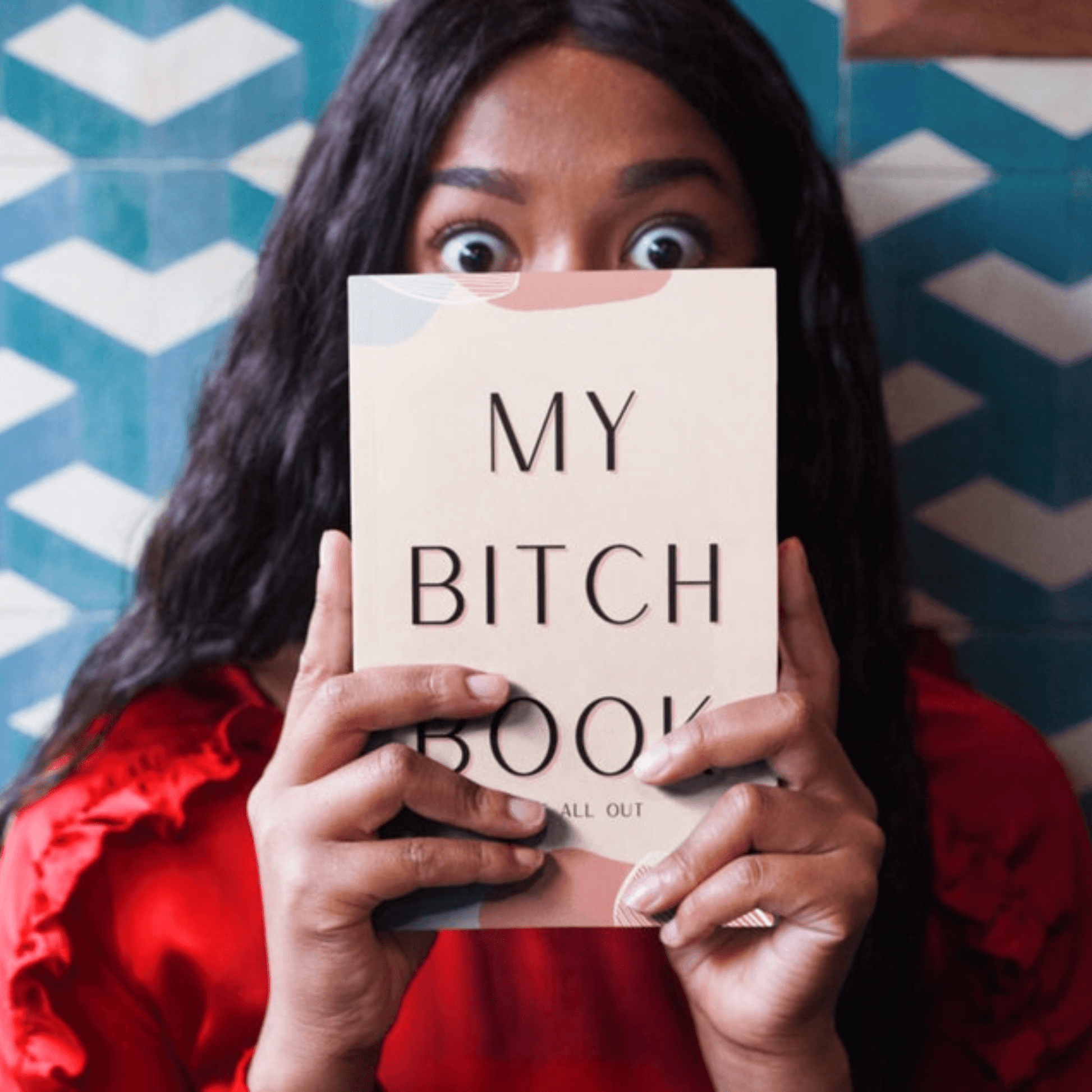A person holding a book in front of their face, with the title 'MY BITCH BOOK' visible on the cover. The background features a geometric pattern in shades of blue and red.