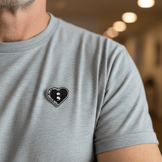 Semicolon Your Story Isn’t Over Enamel Pin | Suicide Prevention Awareness Black Heart Lapel Badge