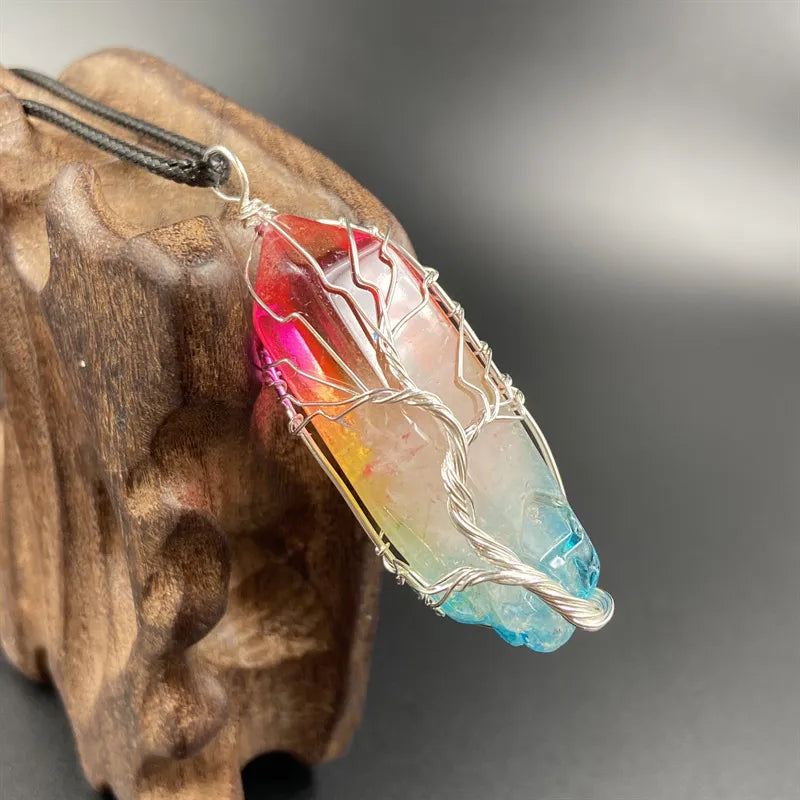 Tree of Life crystal pillar pendant with healing stone