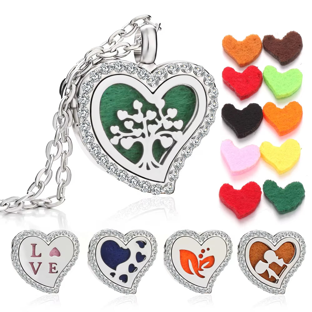 2023 New Aromatherapy Necklace Diffuser Pendant Locket Crystal Tree Love Heart Perfume Essential Oil Diffuser Necklace for Women