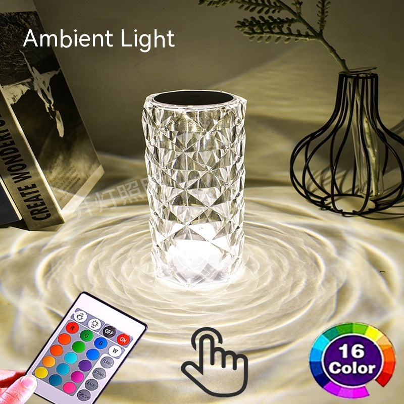 Crystal-like lamp with remote control and color options on a decorative surface