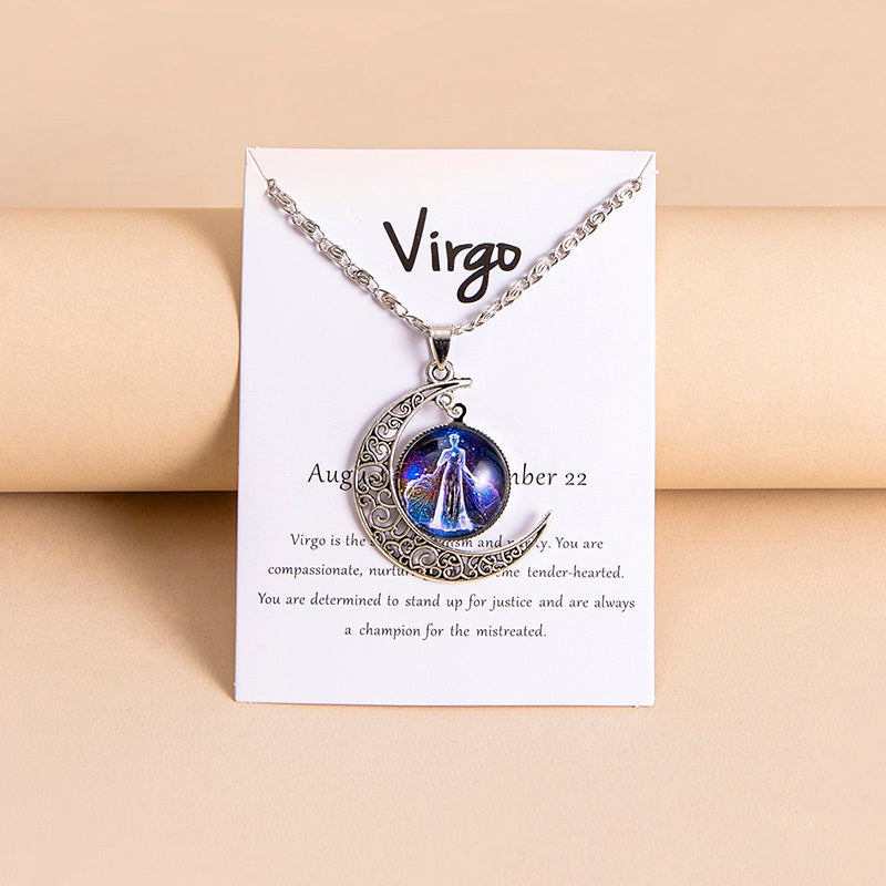 12 Zodiac Sign Moon Pendant Necklace with Glass Constellation Charm for Women and Girls