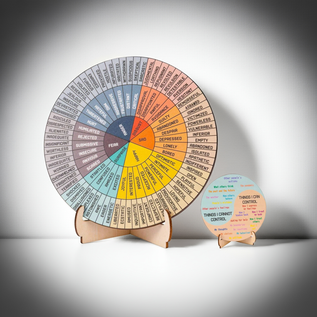 Double-sided feelings wheel chart with colorful emotion categories on a wooden desk stand
