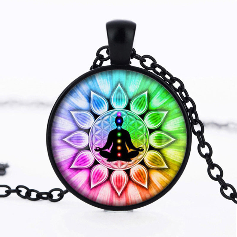 Yoga Chakra Mandala Glass Necklace Hinduism Buddhism Zen Jewelry