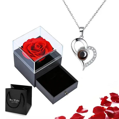 Projection Necklace Set with Rose Gift Box I Love You Heart-Shaped Pendant Jewelry Y2K