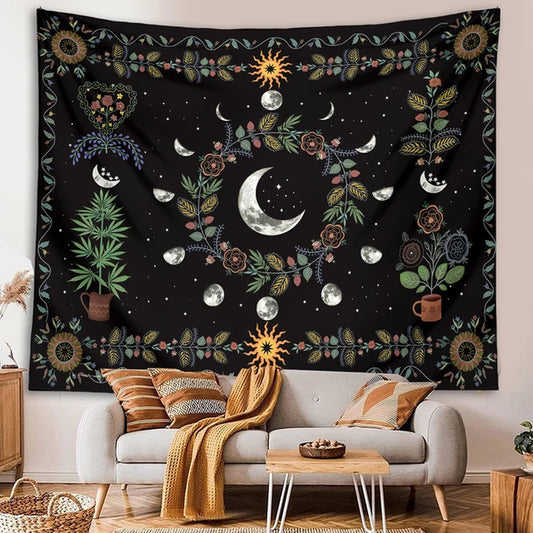 Botanical Celestial Moon Phase Tapestry Wall Hanging for Dorm Decor