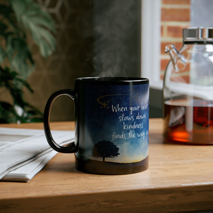 Inspirational Galaxy Quote Black Coffee Mug — 'Open Your Heart' Night Sky Design (11oz)
