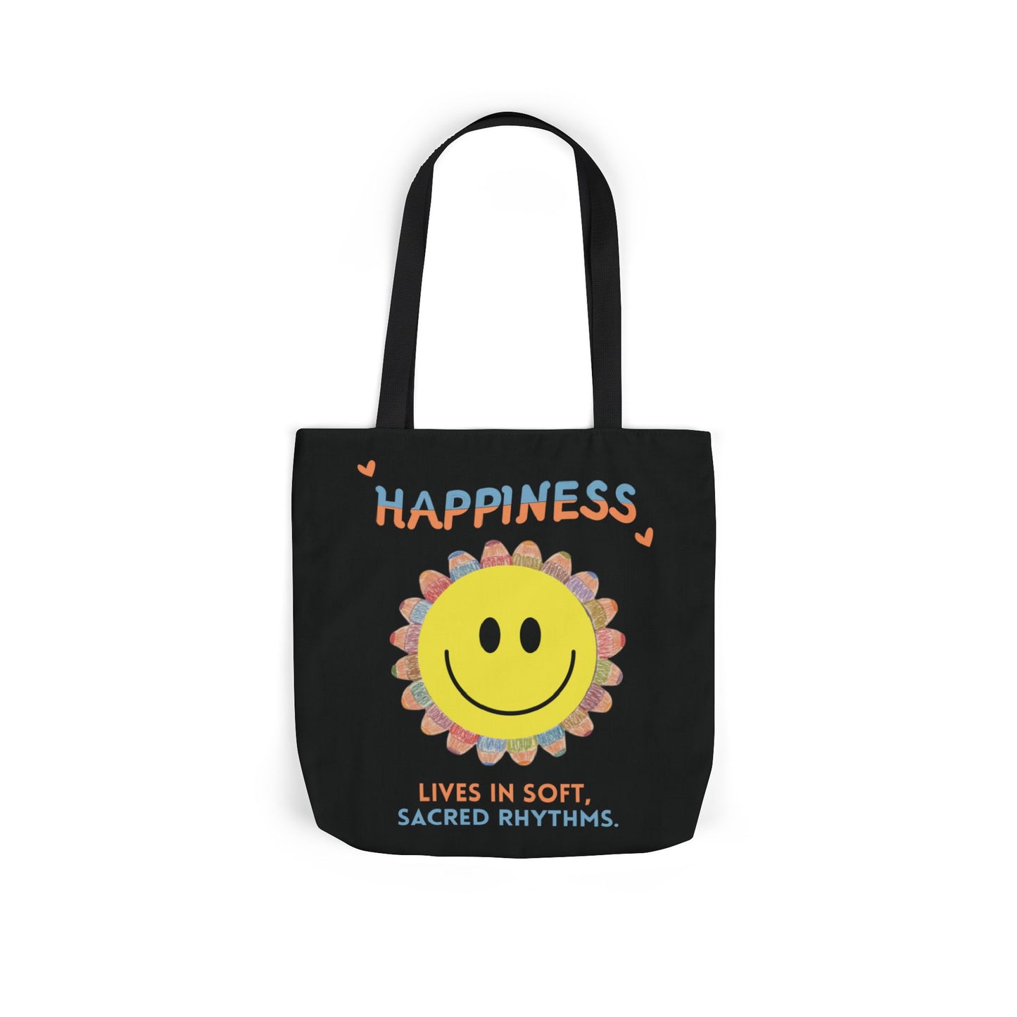 Happiness Smiley Flower Canvas Tote Bag Inspirational Slow Living Quote Bag