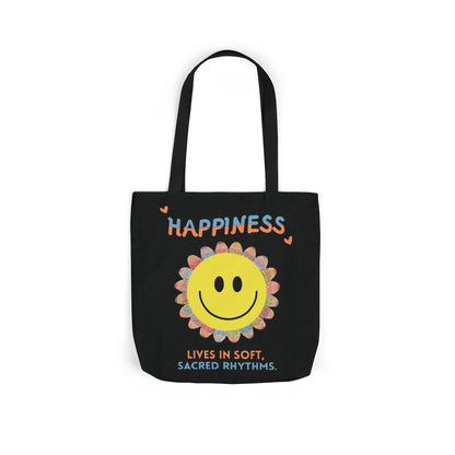 Happiness Smiley Flower Canvas Tote Bag Inspirational Slow Living Quote Bag