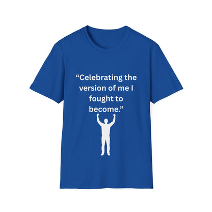 "Celebrating The Version of Me" — Empowered Man Unisex Softstyle Tee (White Print)