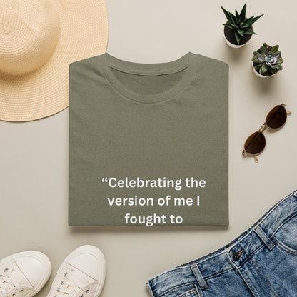 "Celebrating The Version of Me" — Empowered Woman Unisex Softstyle Tee (White Print)