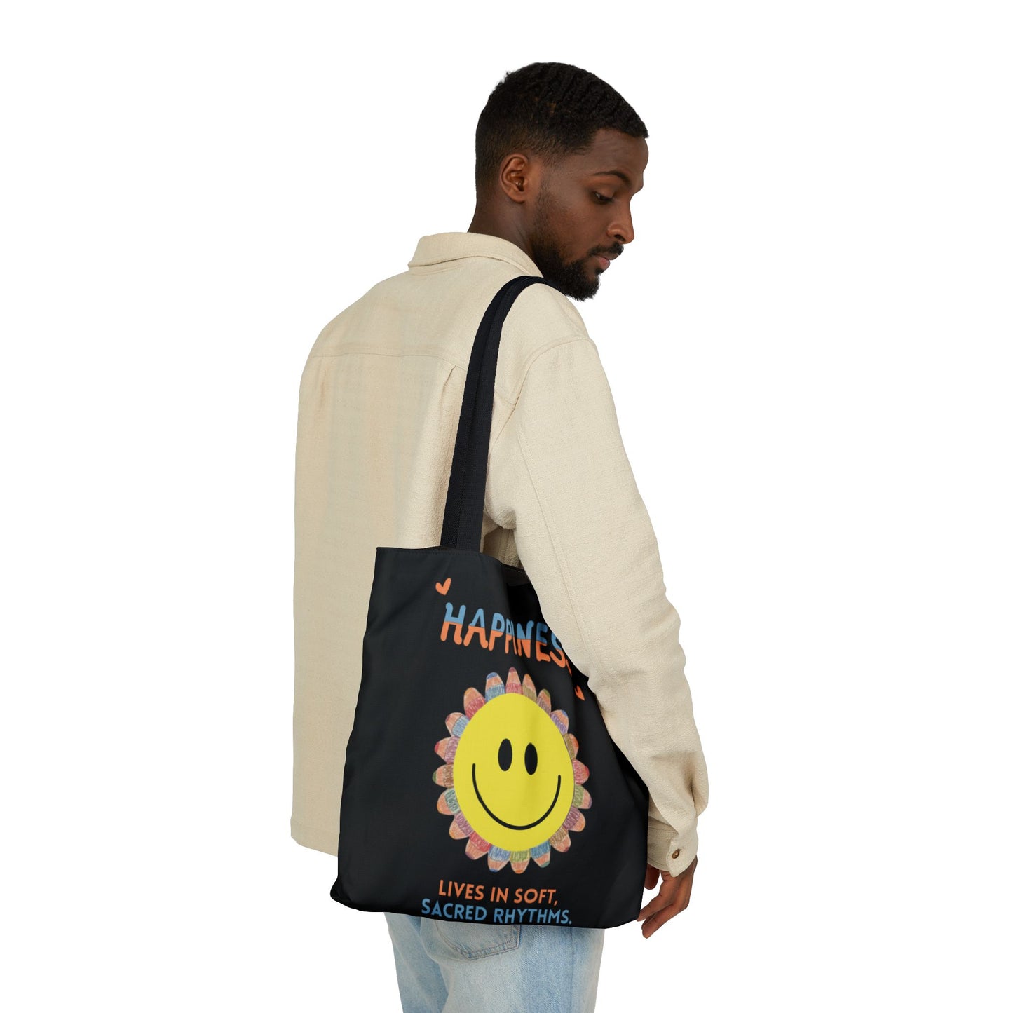 Happiness Smiley Flower Canvas Tote Bag Inspirational Slow Living Quote Bag