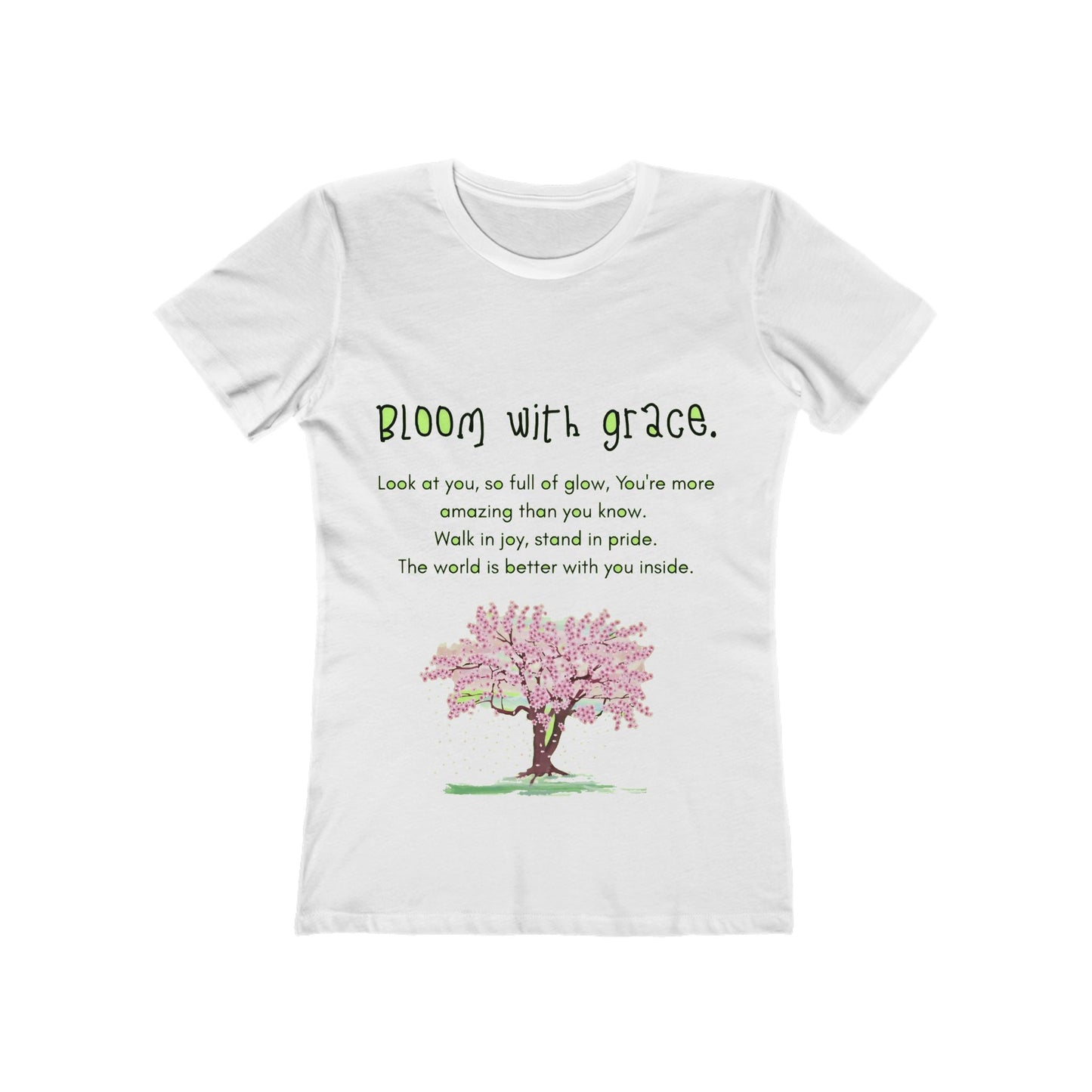 White t-shirt with a pink tree graphic and inspirational text on a white background