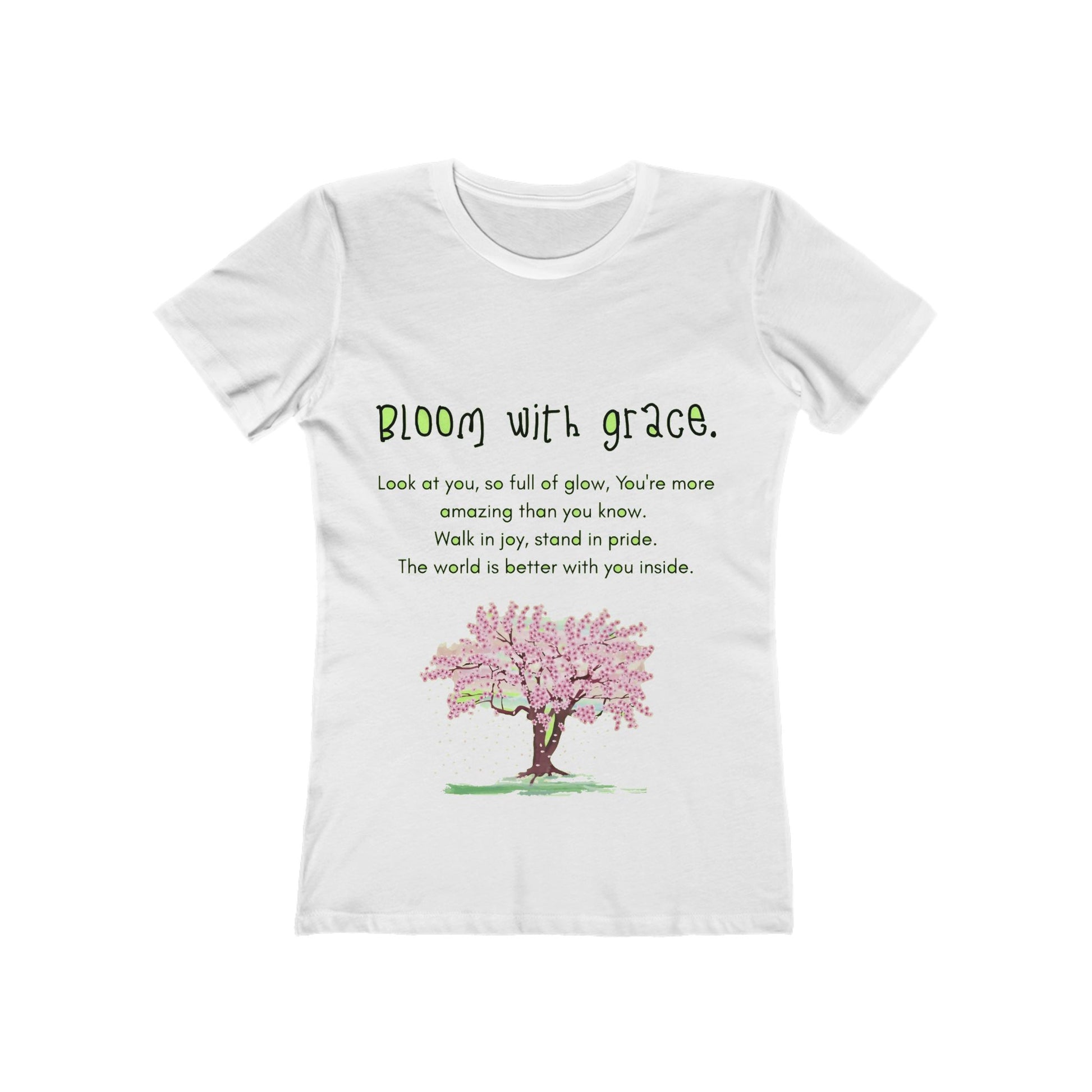 White t-shirt with a pink tree graphic and inspirational text on a white background