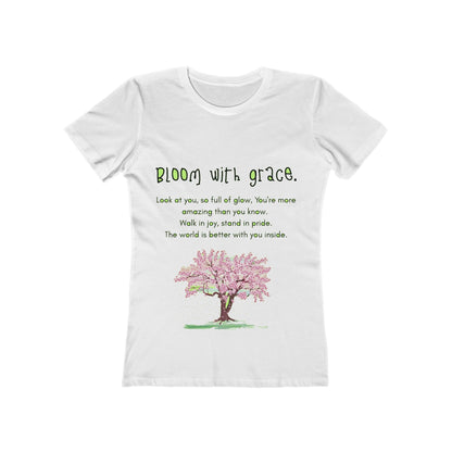 White t-shirt with a pink tree graphic and inspirational text on a white background