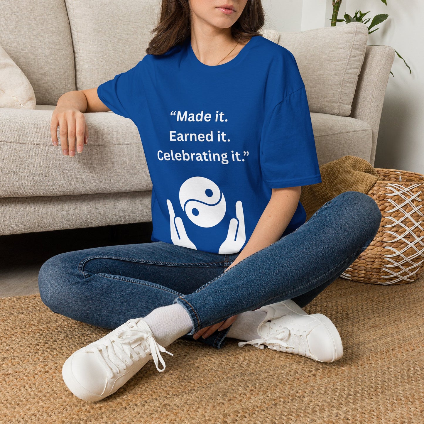 "Made It. Earned It. Celebrating It." — Inspirational Unisex Tee (White Print)
