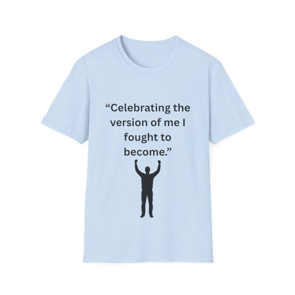 "Celebrating The Version of Me" — Empowered Man Unisex Softstyle Tee (Black Print)