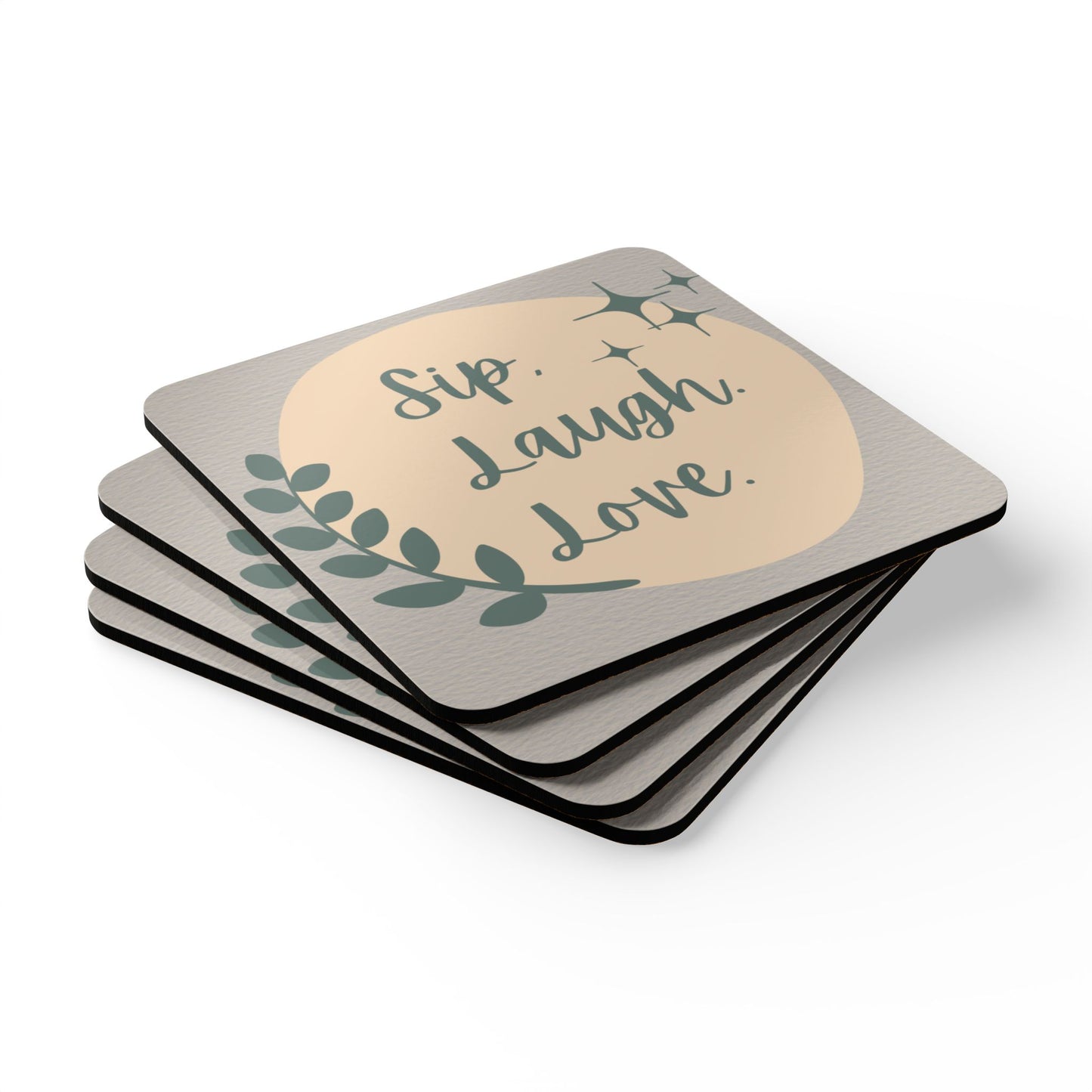 Sip Laugh Love Corkwood Coaster Set – Stylish Rustic Home Décor & Gift for Friends