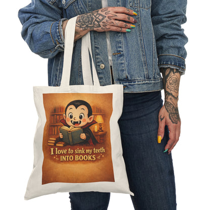 “I Love to Sink My Teeth Into Books” Cotton Book Tote