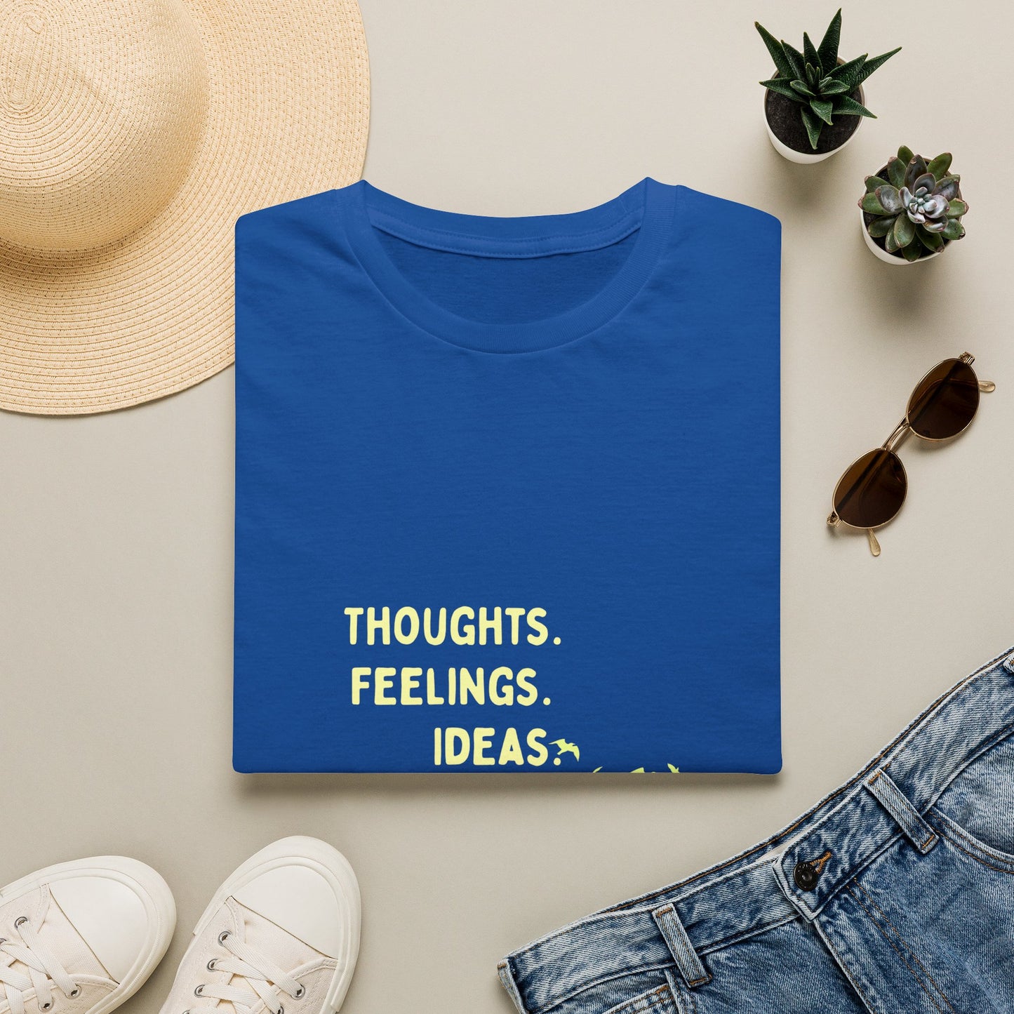 "Thoughts. Feelings. Ideas." — Unisex Softstyle T‑Shirt (Yellow Print)