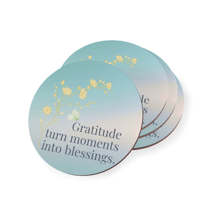 Gratitude Affirmation Coaster Set of 4 – Inspirational Corkwood Drink Coasters for Mindful Living & Home Decor