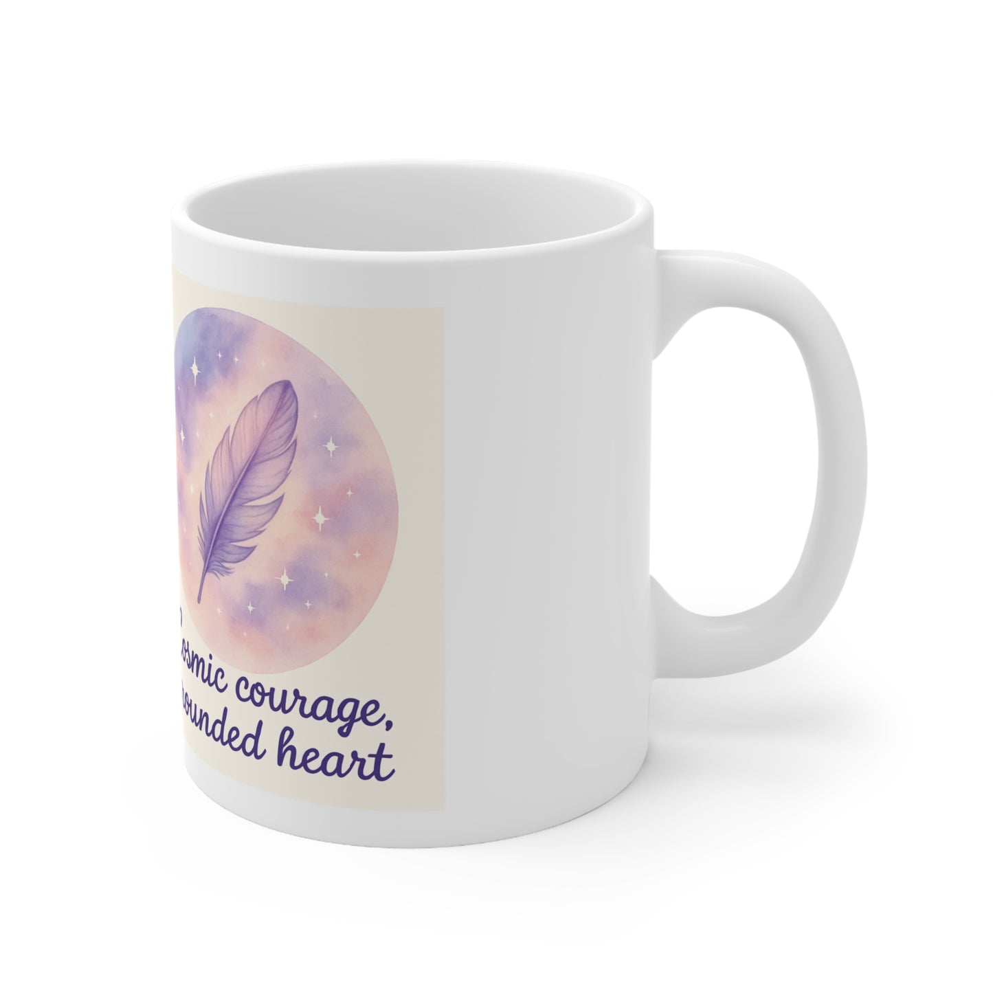 Cosmic Courage Feather Mug — 'Cosmic courage, grounded heart' Ceramic Coffee Cup