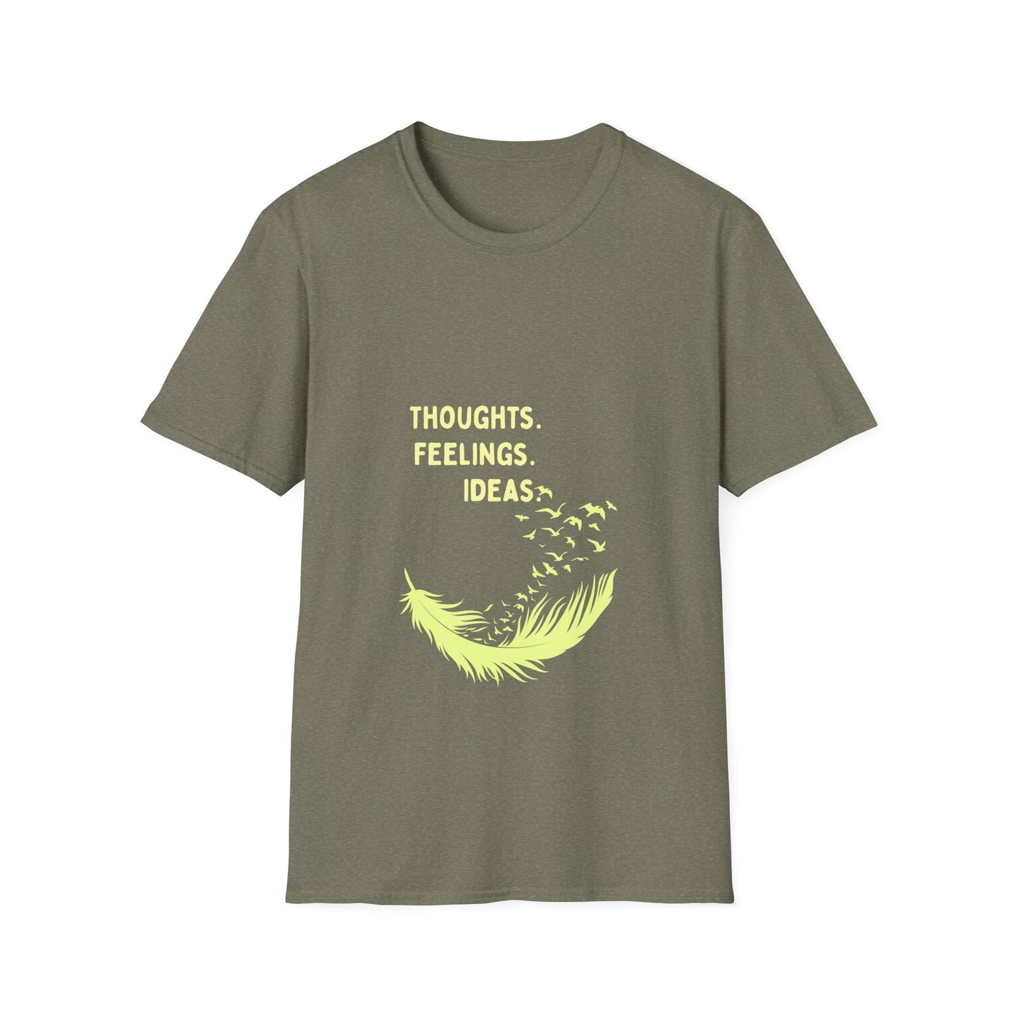 "Thoughts. Feelings. Ideas." — Unisex Softstyle T‑Shirt (Yellow Print)