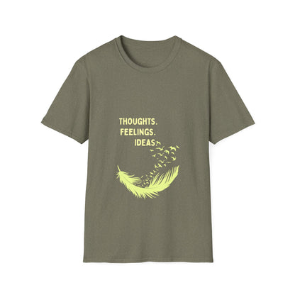 "Thoughts. Feelings. Ideas." — Unisex Softstyle T‑Shirt (Yellow Print)