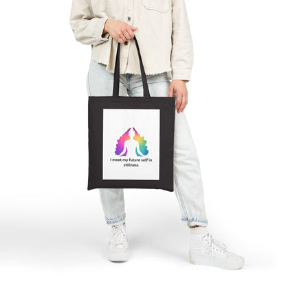 "I Meet My Future Self in Stillness" — Rainbow Meditation Canvas Tote Bag