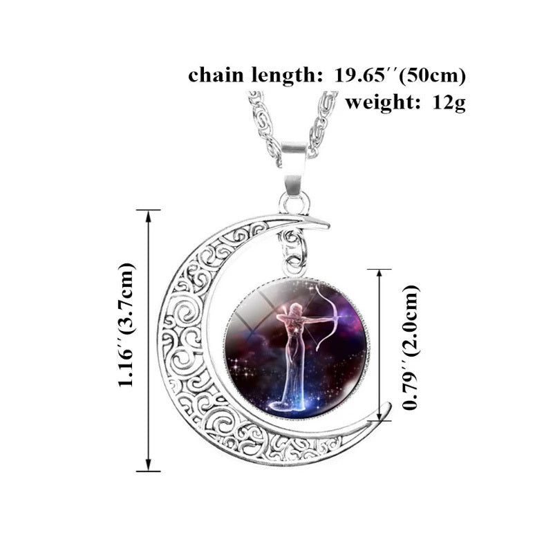 12 Zodiac Sign Moon Pendant Necklace with Glass Constellation Charm for Women and Girls