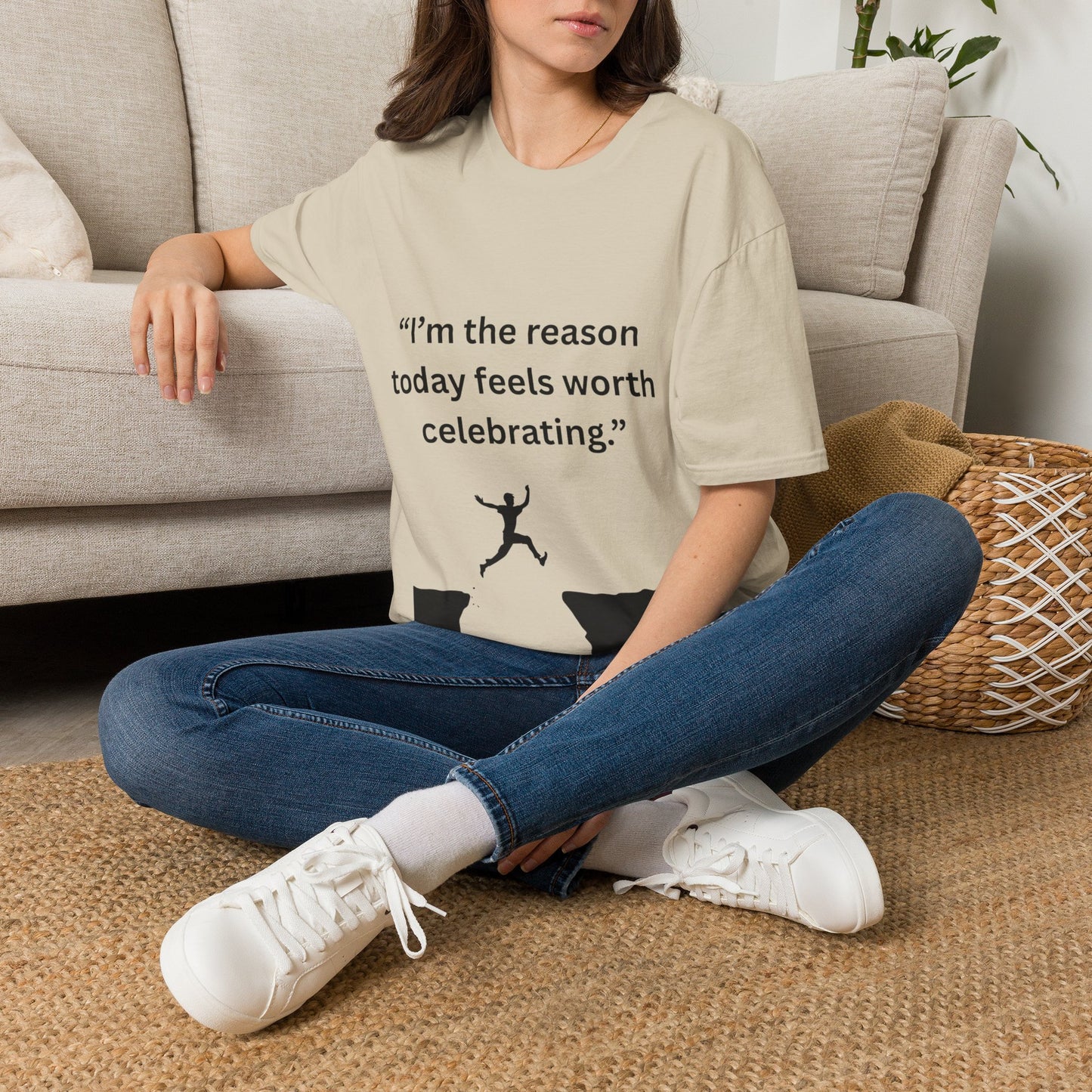 "I'm The Reason Today Feels Worth Celebrating" — Unisex Softstyle Tee (Black Print)