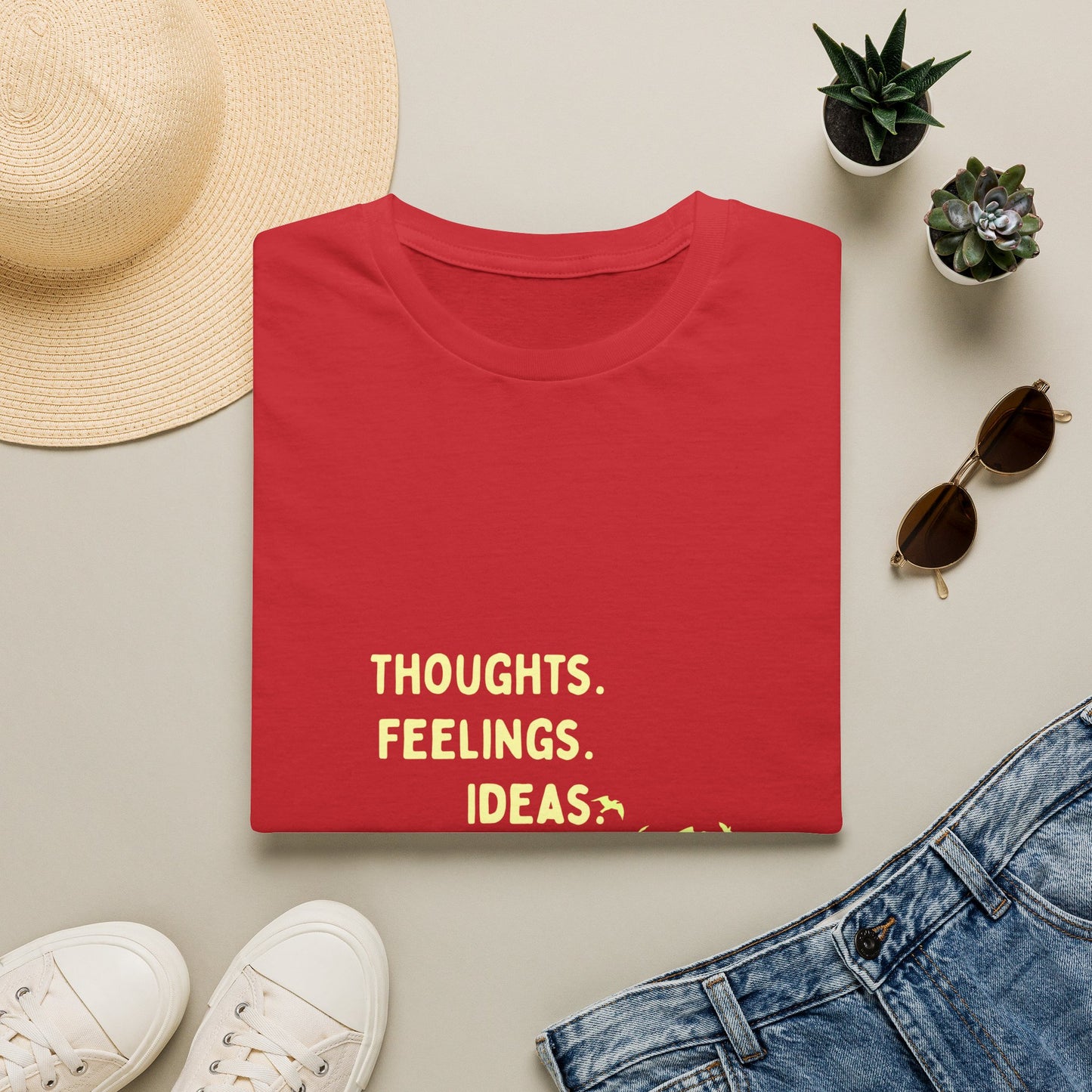 "Thoughts. Feelings. Ideas." — Unisex Softstyle T‑Shirt (Yellow Print)