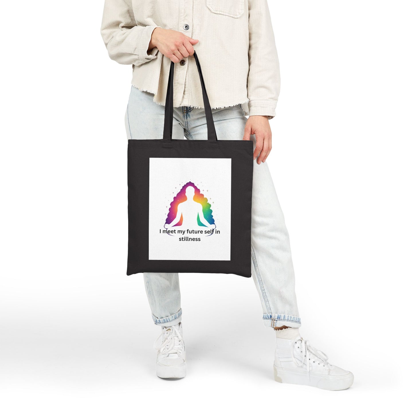 "I Meet My Future Self in Stillness" — Aura Meditation Canvas Tote Bag