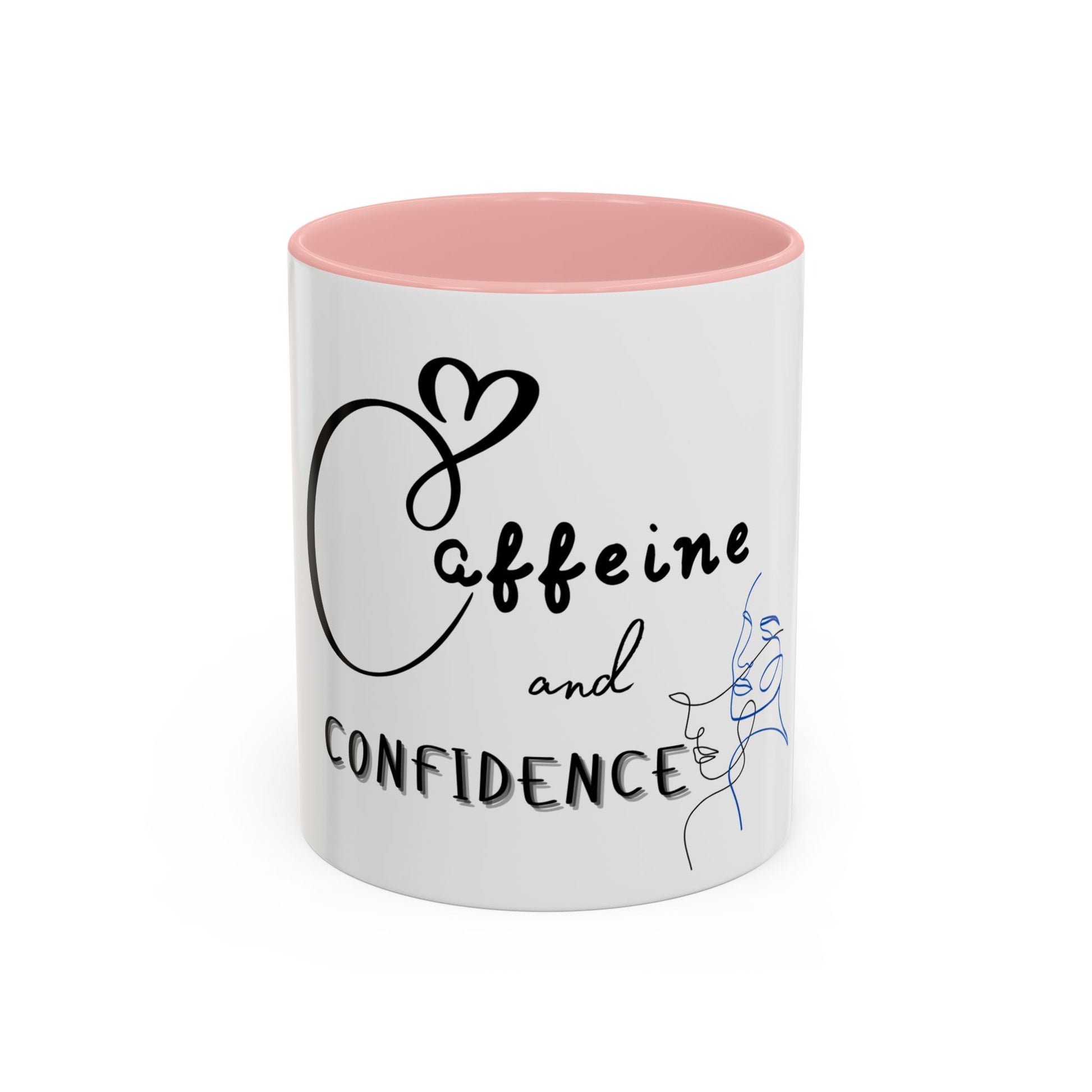 White mug with pink interior and text 'Coffeeine and Confidence' on a white background