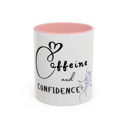 White mug with pink interior and text 'Coffeeine and Confidence' on a white background