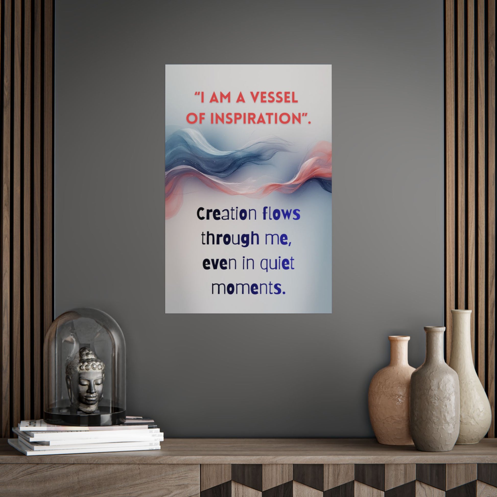 Poster with motivational quote on a wall above a wooden shelf with decorative items.