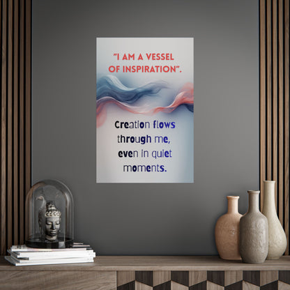 Poster with motivational quote on a wall above a wooden shelf with decorative items.