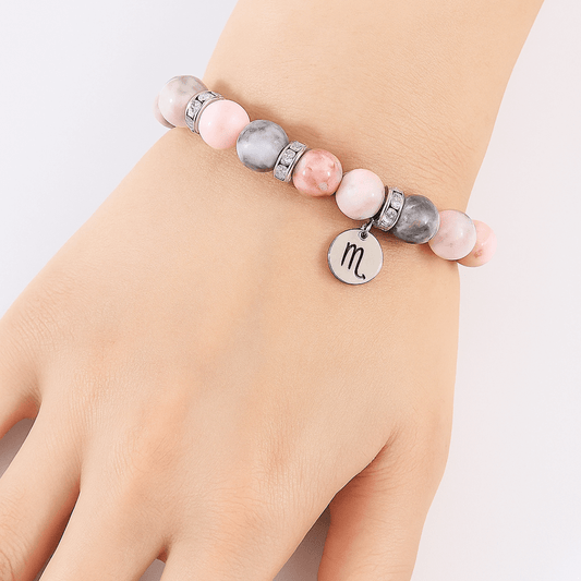 12 Zodiac Sign Pink Zebra Stone Beaded Bracelet with Zircon | Constellation Jewelry