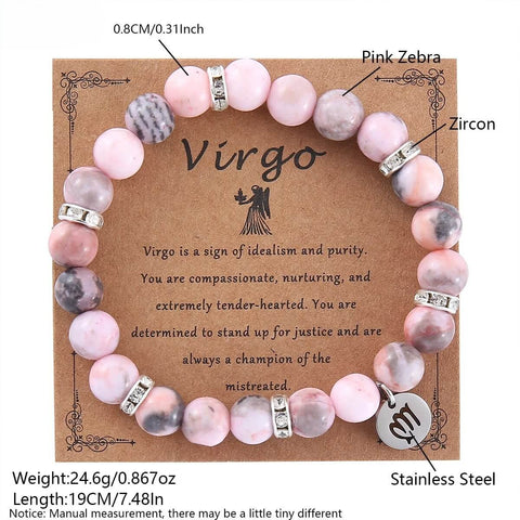 12 Zodiac Sign Pink Zebra Stone Beaded Bracelet with Zircon