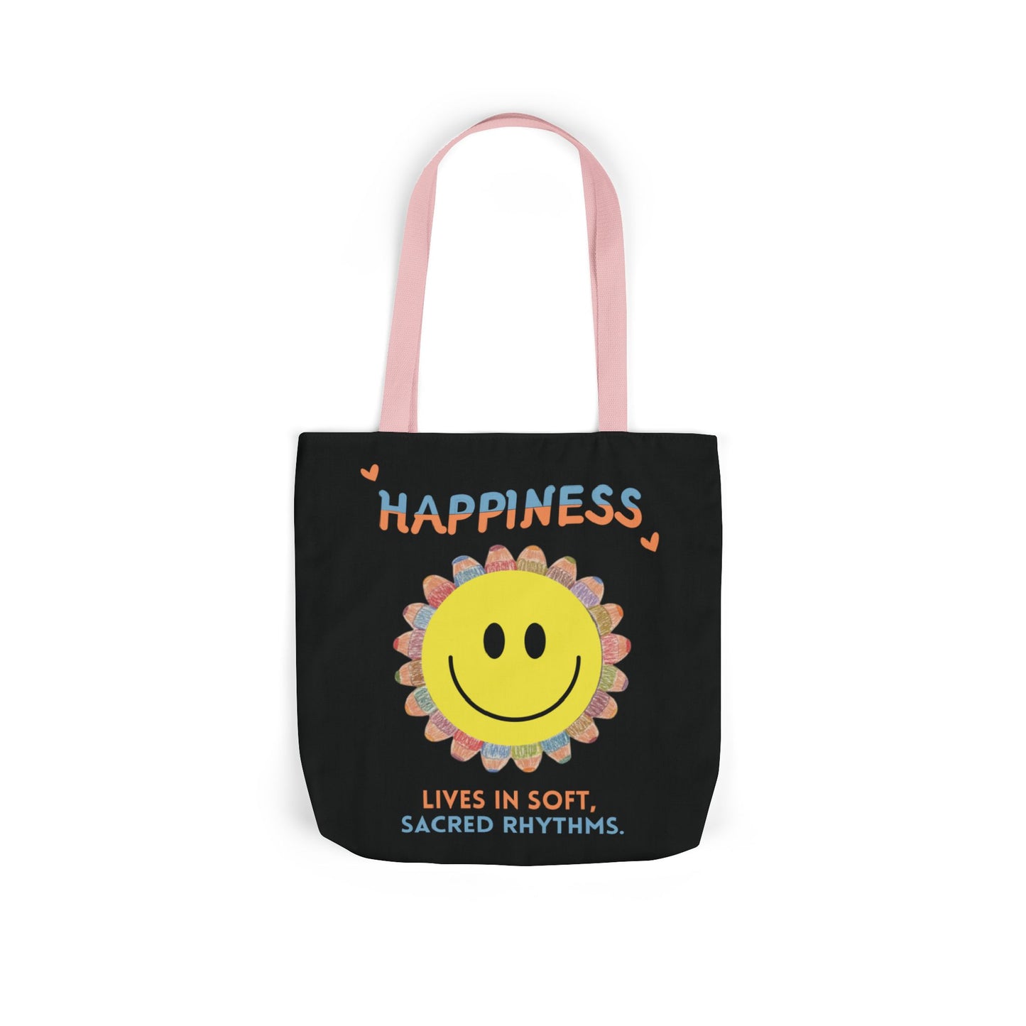 Happiness Smiley Flower Canvas Tote Bag Inspirational Slow Living Quote Bag