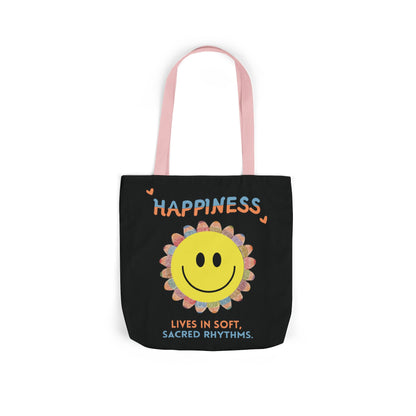 Happiness Smiley Flower Canvas Tote Bag Inspirational Slow Living Quote Bag