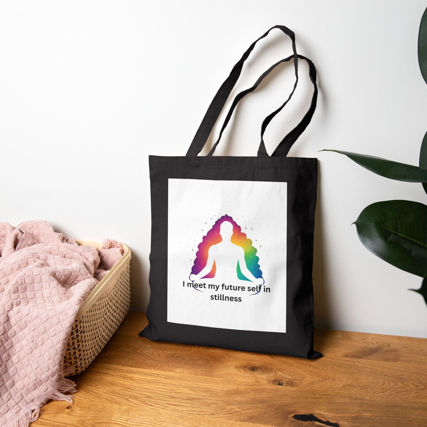 "I Meet My Future Self in Stillness" — Aura Meditation Canvas Tote Bag